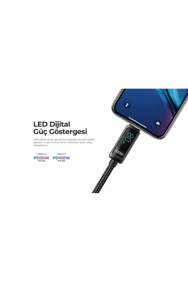 CB6247 PD100W Type-C to Type-C Göstergeli Şarj Kablosu Siyah