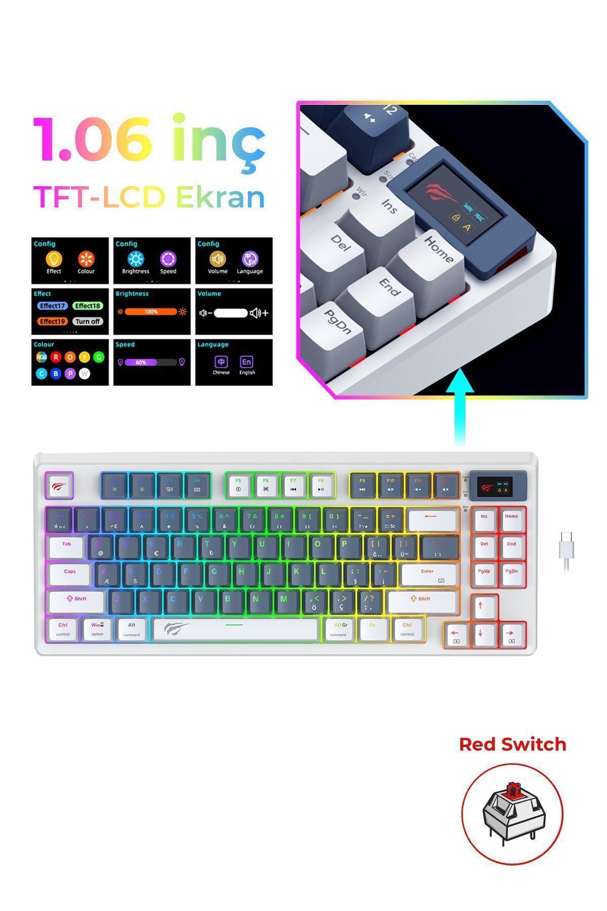 Gamenote KB884L Rgb Mekanik Türkçe Klavye 1.06inç Tft-lcd Ekran - Brown Switch Beyaz