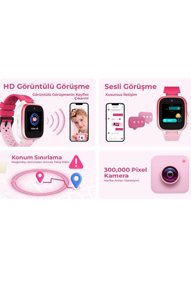 KW12 4G Sim Kartlı Akıllı Çocuk Saati - Görüntülü Görüşme ve Konum Takibi Pembe