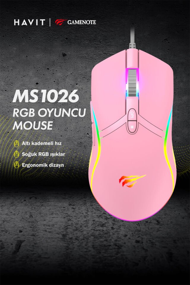 Gamenote MS1026 RGB Uyumlu Pembe Gaming Oyuncu Mouse 6400DPI Pembe
