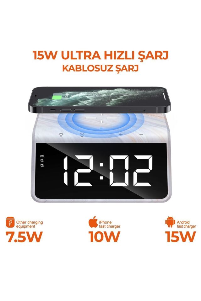W320 Hızlı Wireless Şarj, Saat Ve Gece Lambası (fast 15w) - Mermer Desenli Bej