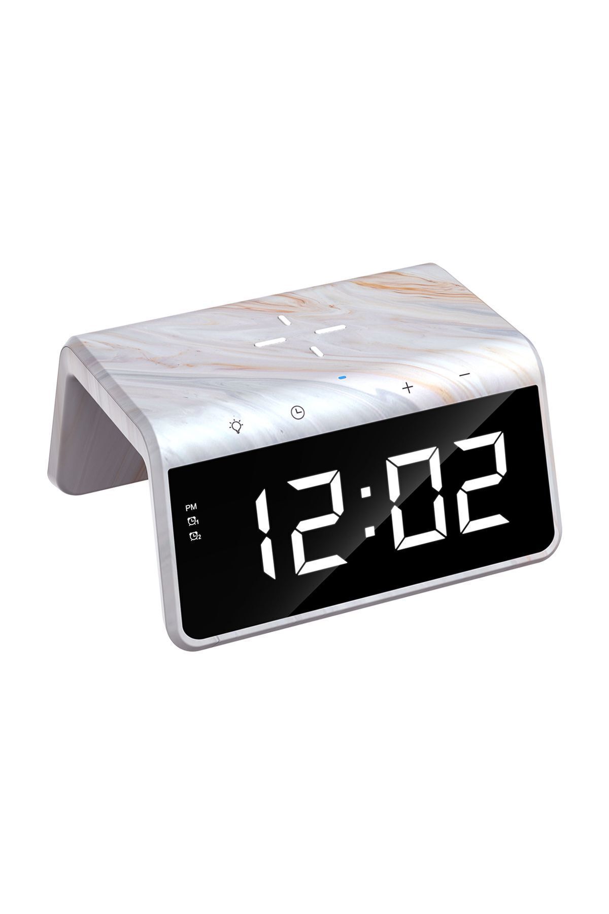 W320 Hızlı Wireless Şarj, Saat Ve Gece Lambası (fast 15w) - Mermer Desenli Bej