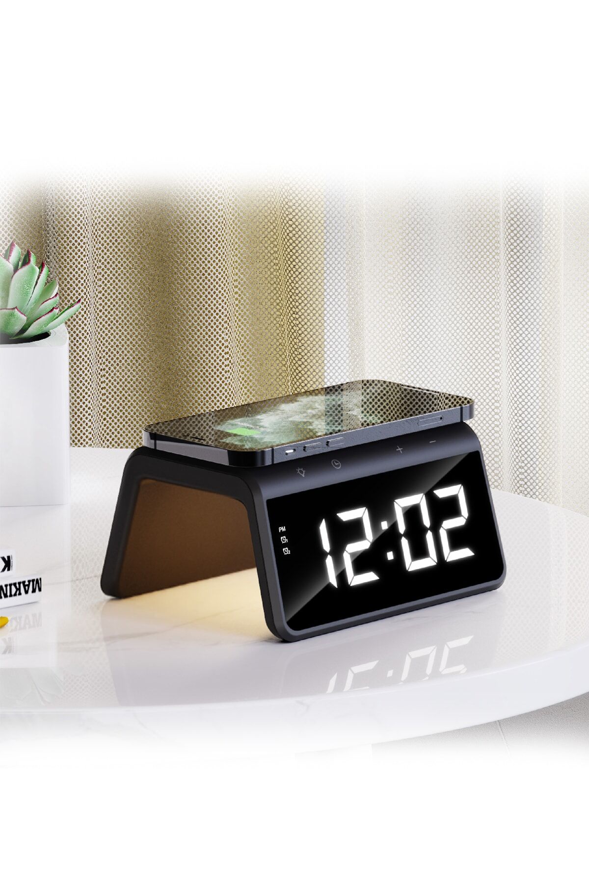 W320 Hızlı Wireless Şarj, Saat Ve Gece Lambası (fast 15w) - Mermer Desenli Siyah