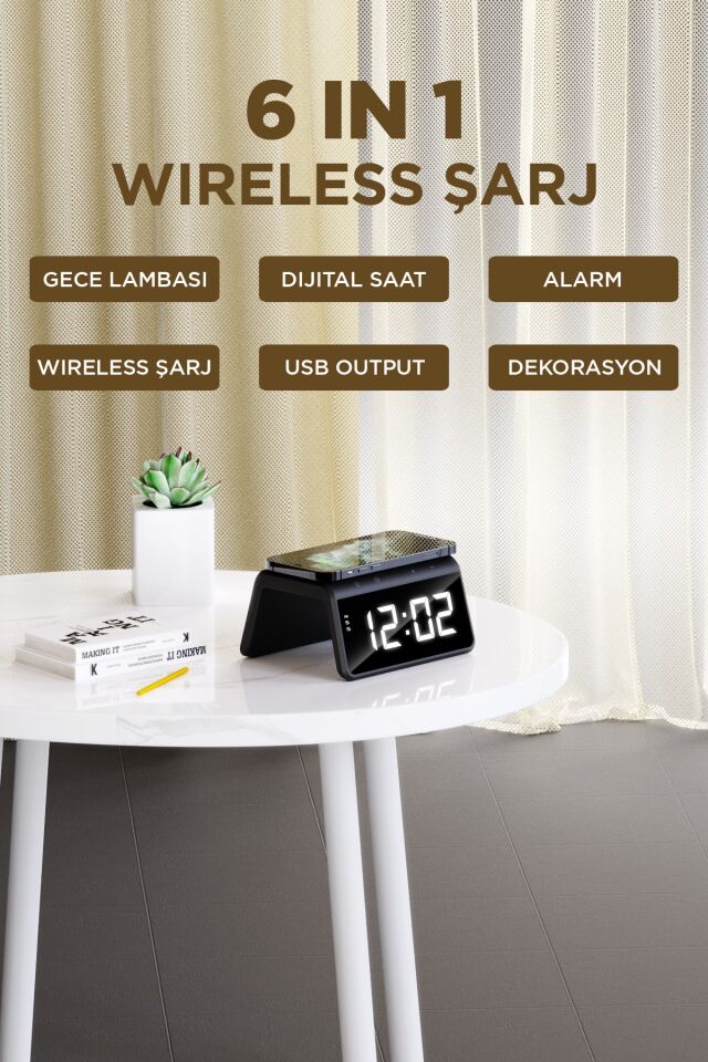 W320 Hızlı Wireless Şarj, Saat Ve Gece Lambası (fast 15w) - Mermer Desenli Siyah