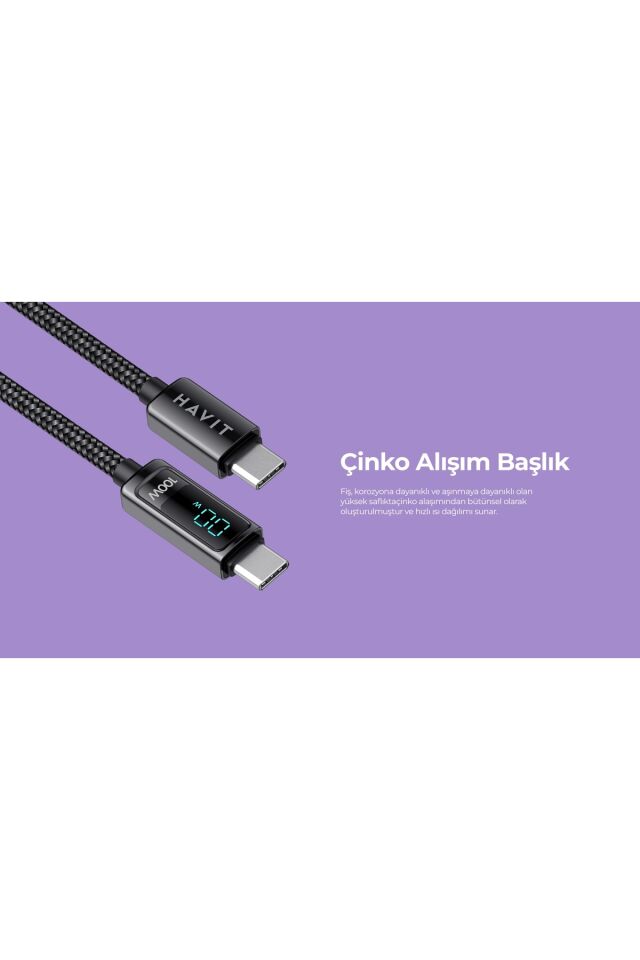 CB6247 PD100W Type-C to Type-C Göstergeli Şarj Kablosu