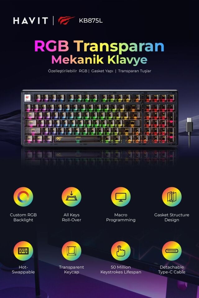 Gamenote Kb875l Rgb Transparan Mekanik Klavye - Red Switch