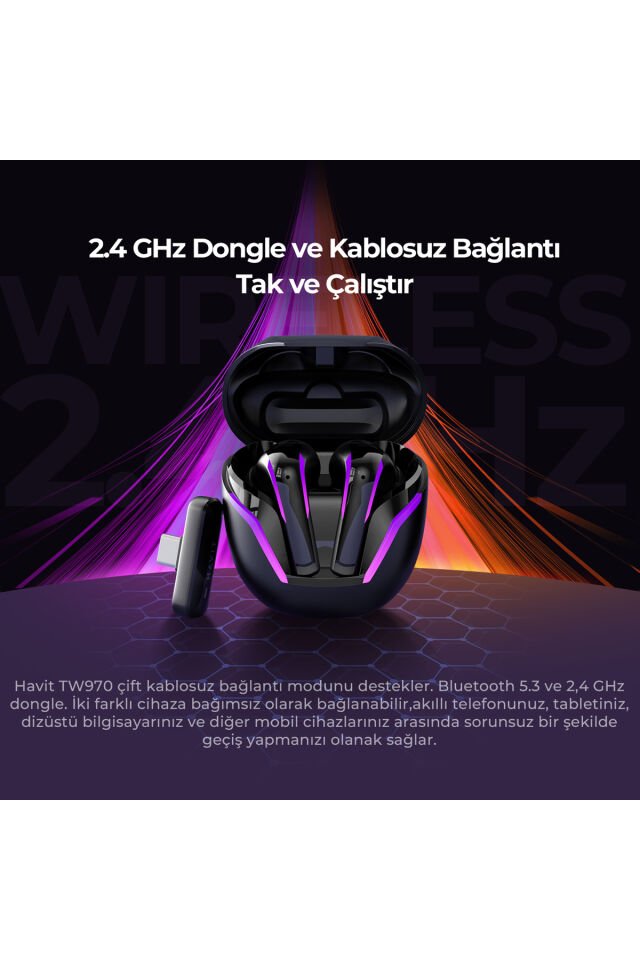 TW970 TWS RGB Gaming Bluetooth Kulaklık - 2.4GHz ve Bluetooth Modu