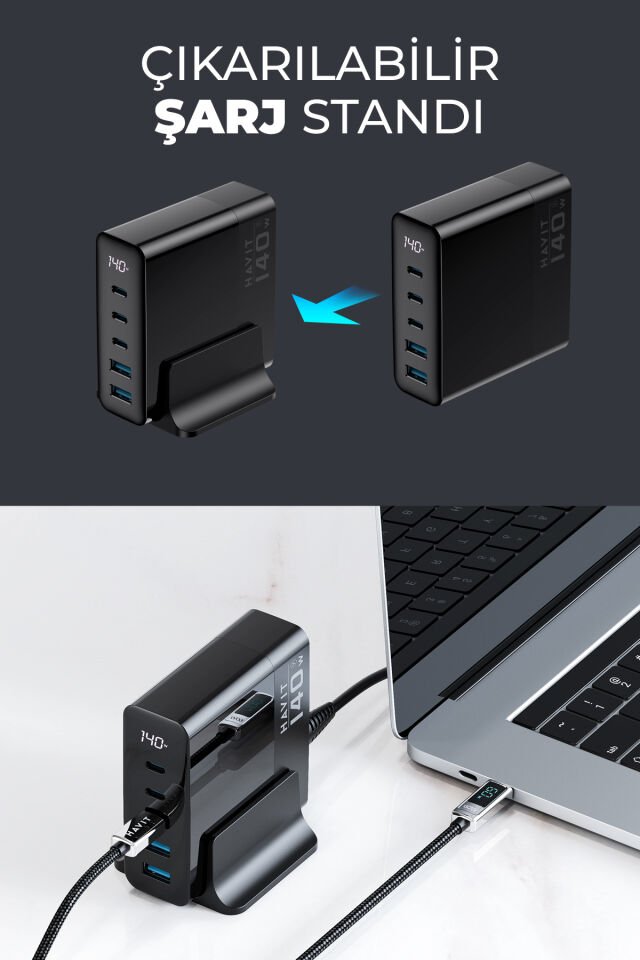 UCLE004 140W Gan Teknoloji 5-Portlu PD 3.1 Göstergeli Hızlı Şarj Cihazı (Macbook, Iphone Uyumlu)