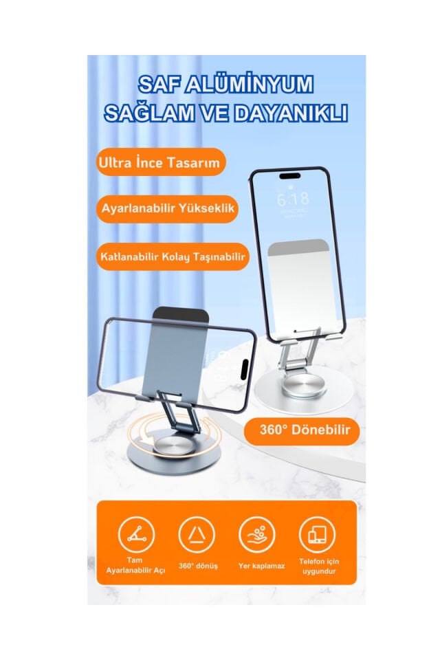360° Dönebilen Telefon Tutucu Katlanabilir Alüminyum Telefon Standı