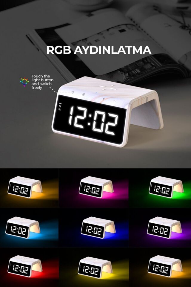 W320 Hızlı Wireless Şarj, Saat Ve Gece Lambası (fast 15w) - Mermer Desenli