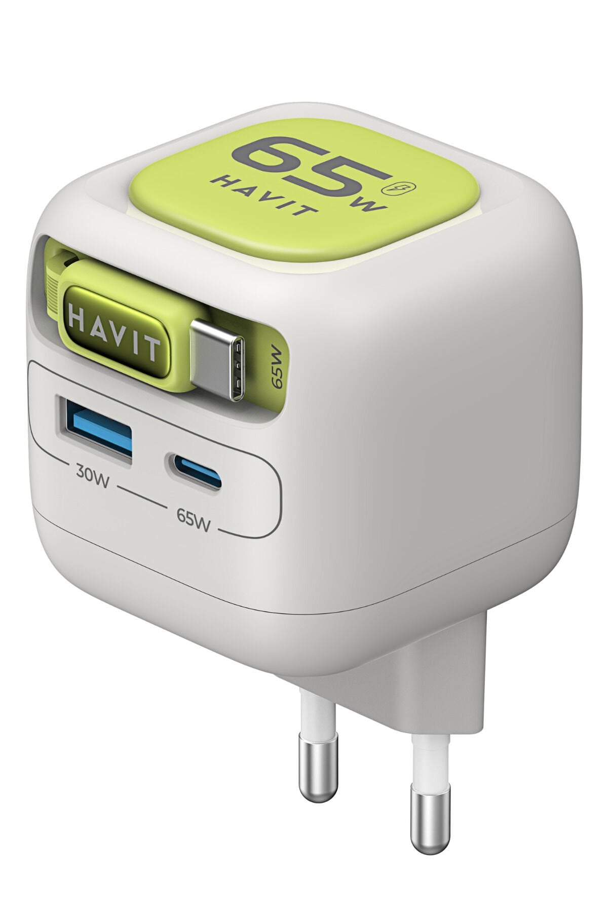 UC253 65W GaN Hızlı Şarj Adaptörü Geri Çekilebilir Kablolu PD Type-C - Gri Yeşil