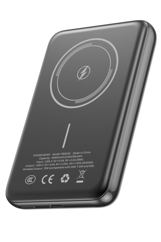 PB5246 10.000 mAh Manyetik Kablosuz Powerbank 15W Kablosuz 20W PD Siyah