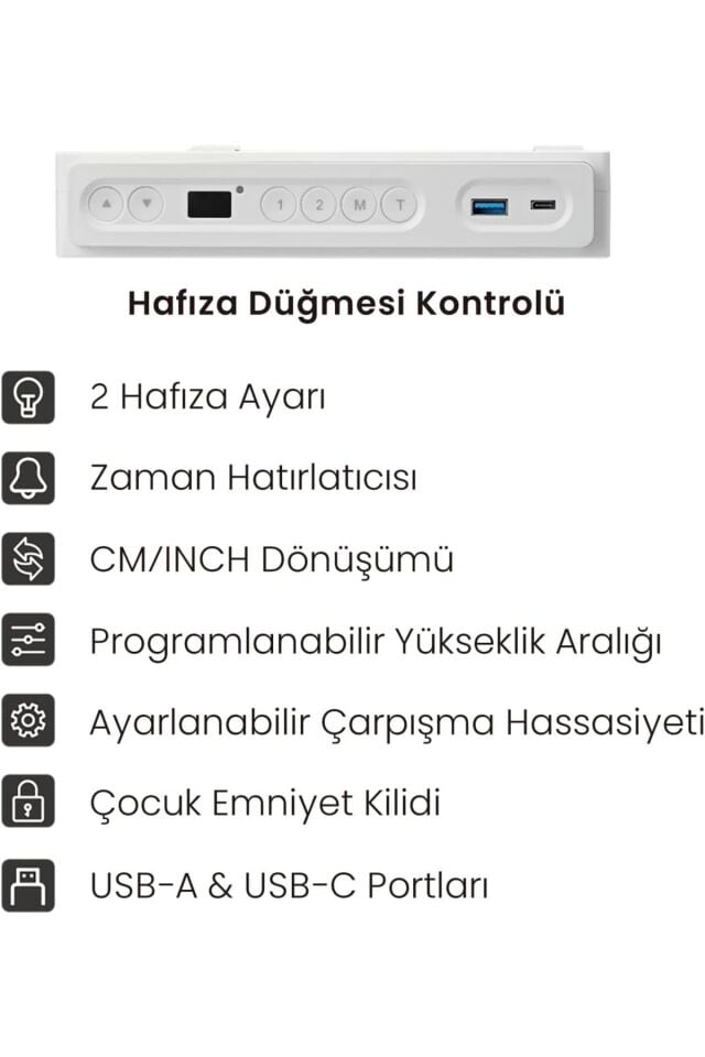 Elektrikli Çalışma Masası Yüksekliği Ayarlanabilir Hafızalı 1x Type-C 1x Usb-A