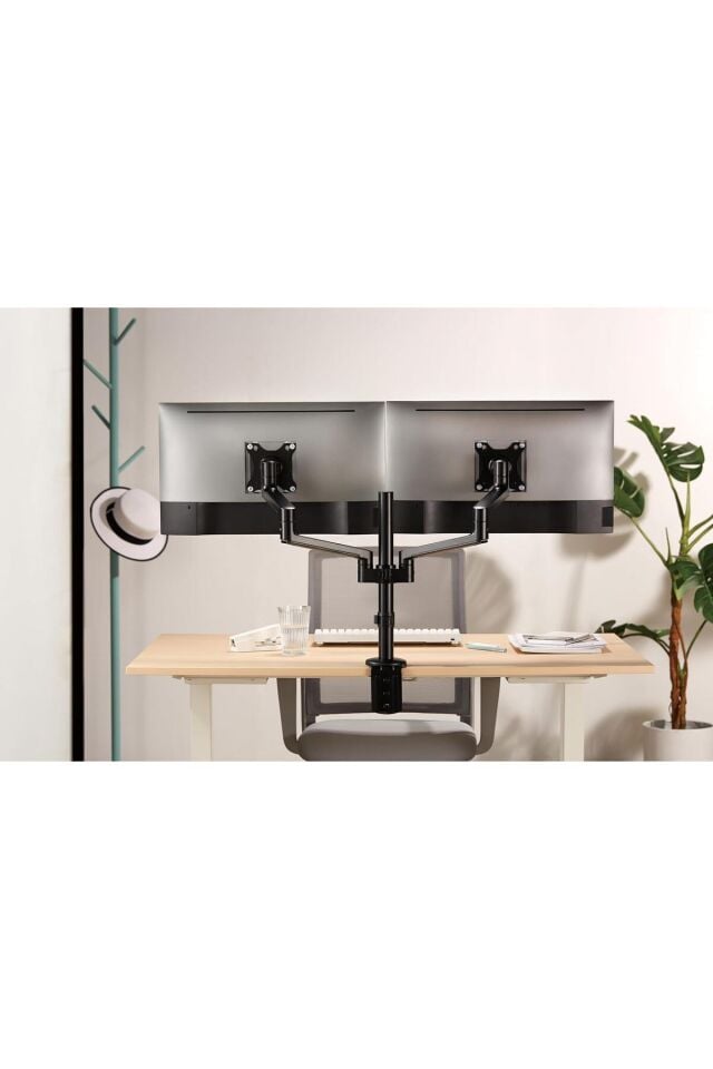 2'li Monitör Tutucu Döndürülebilir Kablo Kılavuzlu Ergonomik Monitör Kolu - Siyah
