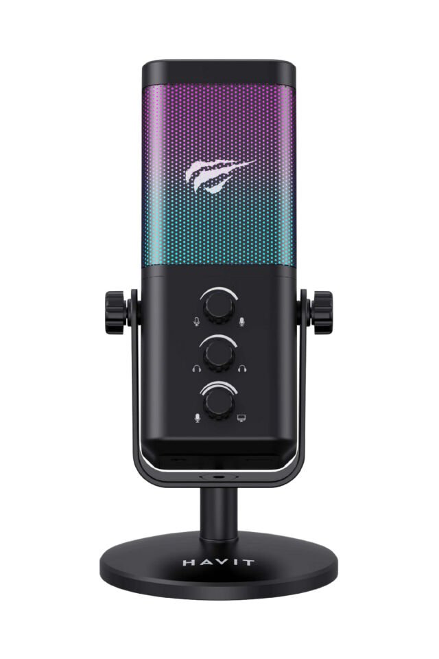 GK65 RGB Profesyonel Yayıncı Mikrofonu 192kHz 24Bit Hi-Fi Dahili Ses Kartlı Siyah