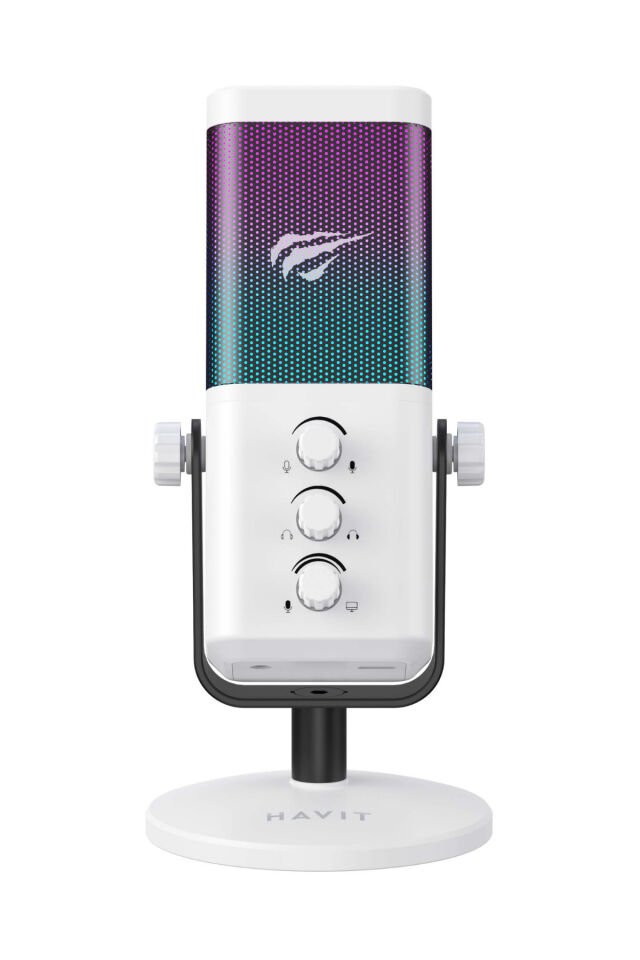 GK65 RGB Profesyonel Yayıncı Mikrofonu 192kHz 24Bit Hi-Fi Dahili Ses Kartlı Beyaz