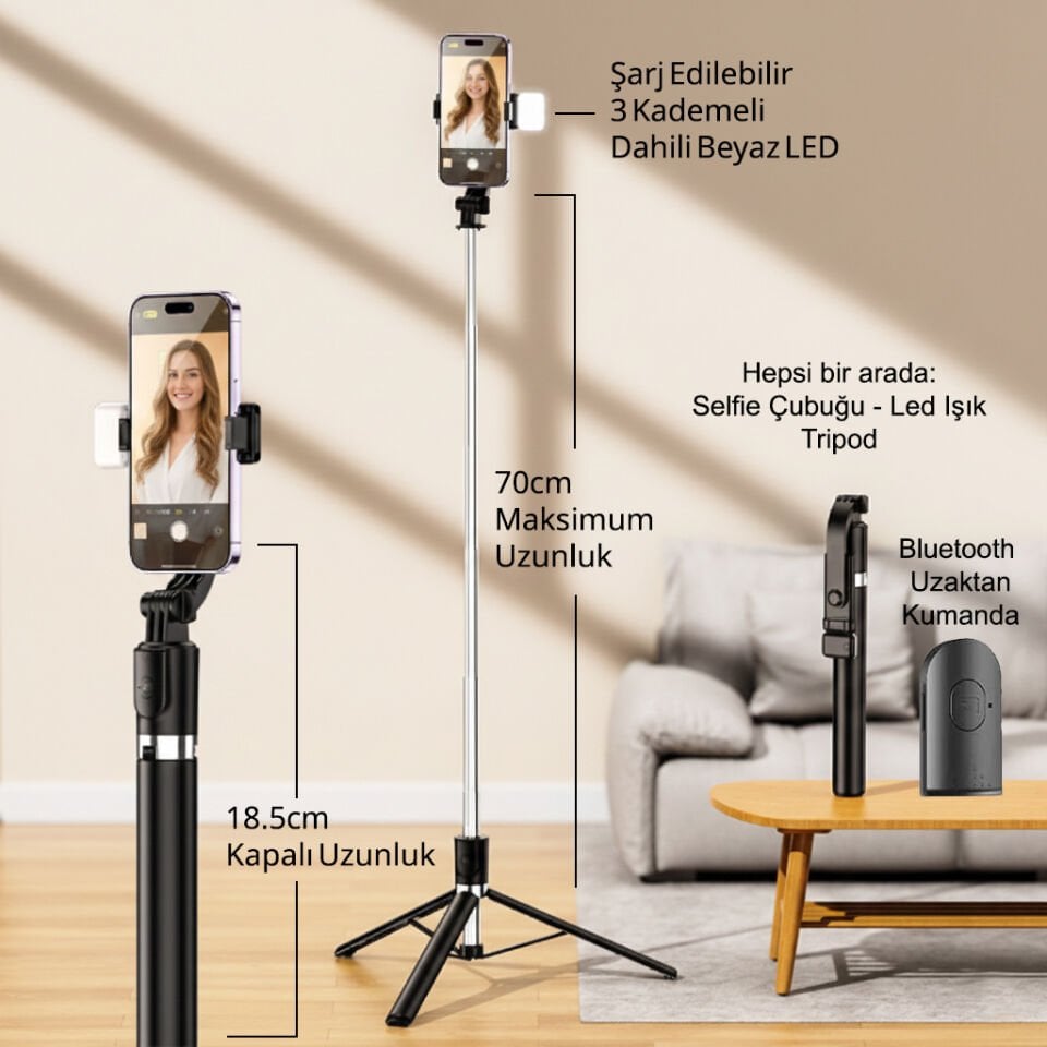 GenZ Bilişim LED Işıklı Selfie Çubuğu ve Bluetooth Kumandalı Kablosuz Selfie Stick Max: 70 cm Uzunluk Siyah