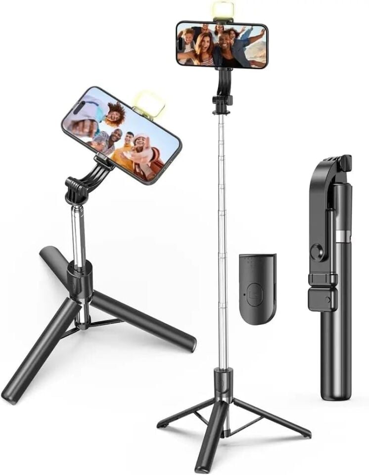 GenZ Bilişim LED Işıklı Selfie Çubuğu ve Bluetooth Kumandalı Kablosuz Selfie Stick Max: 70 cm Uzunluk Siyah