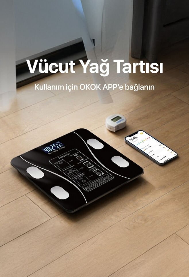 Genz Bilişim Dijital Tartı Baskül Yağ Su Kas Vücut Kitle Endeksi Kilo Ölçer Tartı Siyah
