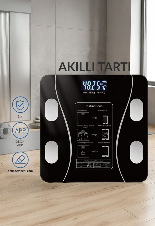 Genz Bilişim Dijital Tartı Baskül Yağ Su Kas Vücut Kitle Endeksi Kilo Ölçer Tartı Siyah
