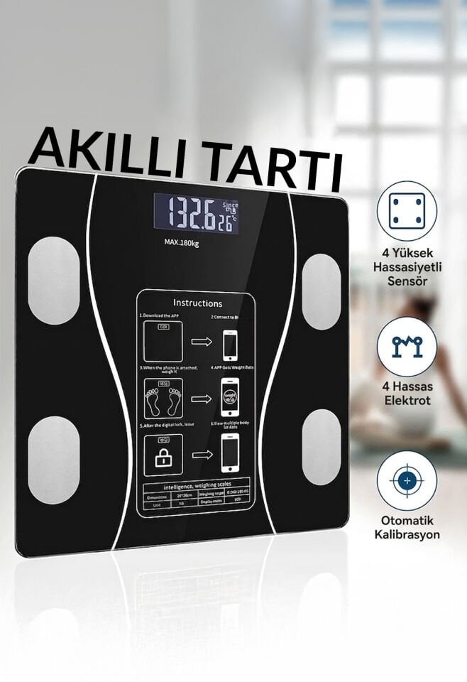 Genz Bilişim Dijital Tartı Baskül Yağ Su Kas Vücut Kitle Endeksi Kilo Ölçer Tartı Siyah
