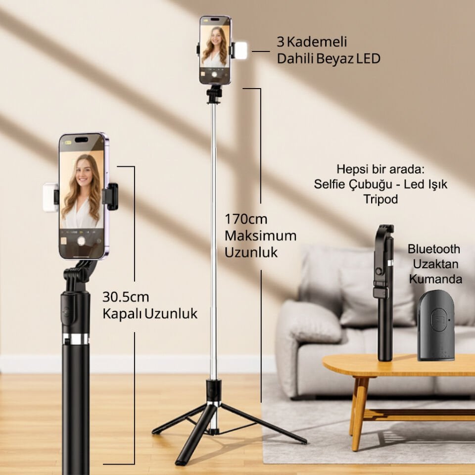 Genz Bilişim Kumandalı Işıklı Ayaklı Tripod ve Selfie Çubuğu ve Telefon Tutucu 30CM Ila 170CM Max Siyah
