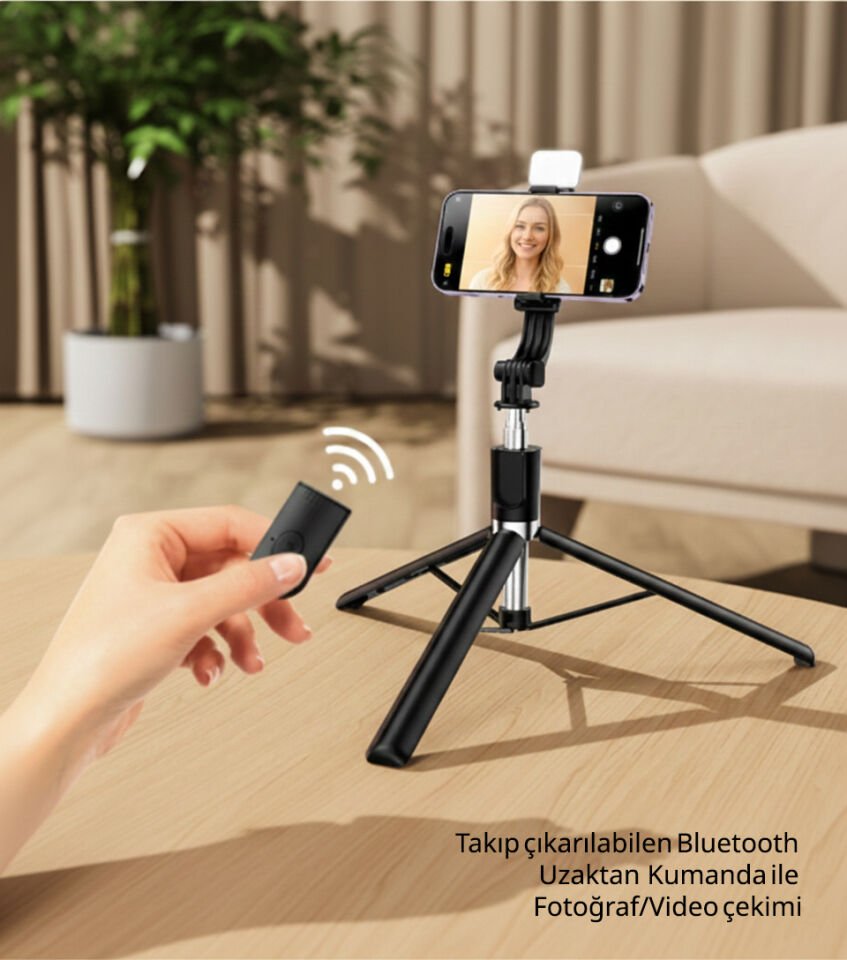 Genz Bilişim Kumandalı Işıklı Ayaklı Tripod ve Selfie Çubuğu ve Telefon Tutucu 30CM Ila 170CM Max Siyah