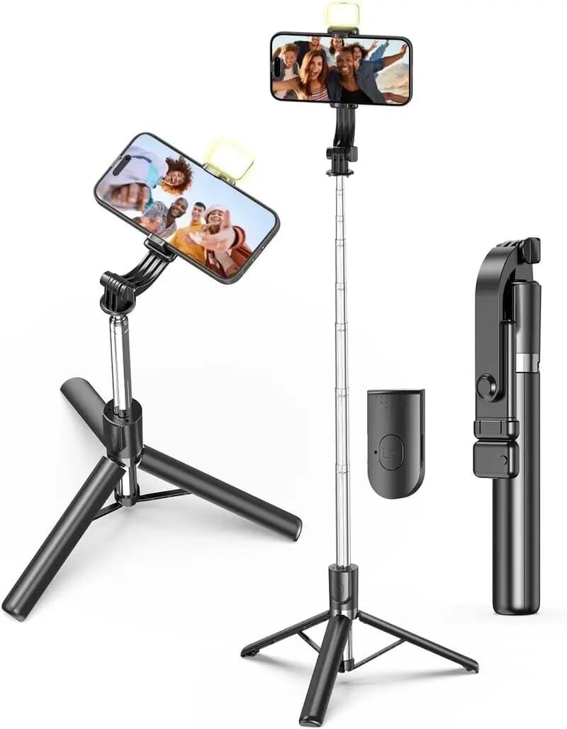 Genz Bilişim Kumandalı Işıklı Ayaklı Tripod ve Selfie Çubuğu ve Telefon Tutucu 30CM Ila 170CM Max Siyah