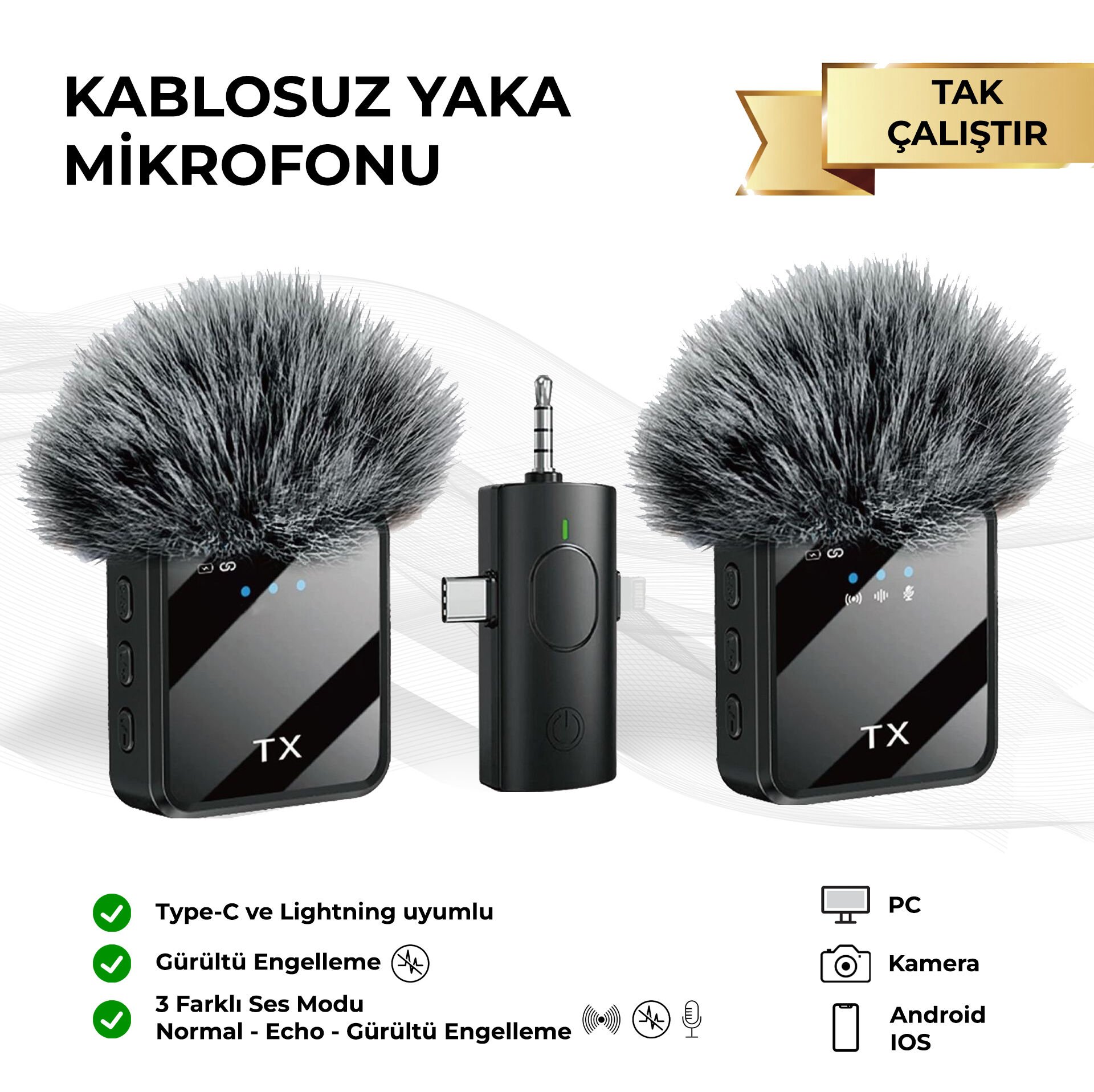 Genz Bilişim Kablosuz Yaka Mikrofonu Tip-C Android Kamera IPhone Stüdyo Mikrofonu Için Ses Video Canlı Yayın Siyah