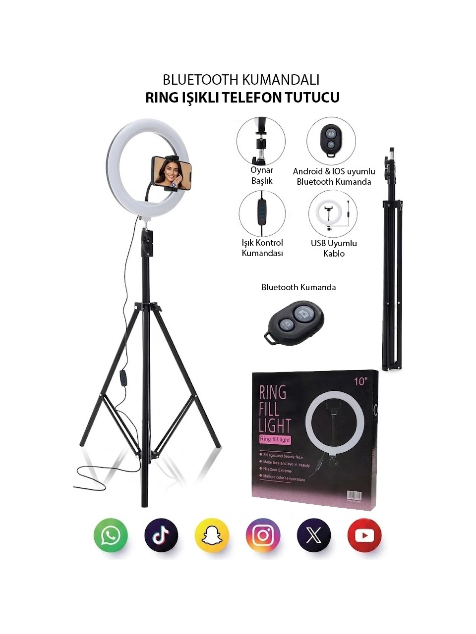 Genz Bilişim Işıklı Bluetooth Kumandalı Tripod Youtube, Fotoğraf, Video Çekimi Tripodu Min. 70CM MAX.210CM Ayarlanabilir Yükseklik Siyah Renk